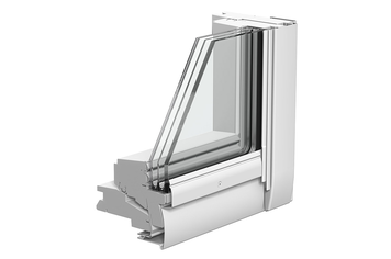 Ein Fensterrahmen aus der Innenansicht als Schnittmodell. Es sind 3 aufeinanderfolgende Glasscheiben eingebaut. Die außenliegende Glasscheibe ist dicker.