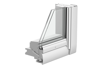 Ein Fensterrahmen aus der Innenansicht als Schnittmodell. Es sind 2 aufeinanderfolgende Glasscheiben eingebaut. 