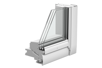 Ein Fensterrahmen aus der Innenansicht als Schnittmodell. Es sind 3 aufeinanderfolgende Glasscheiben eingebaut. 